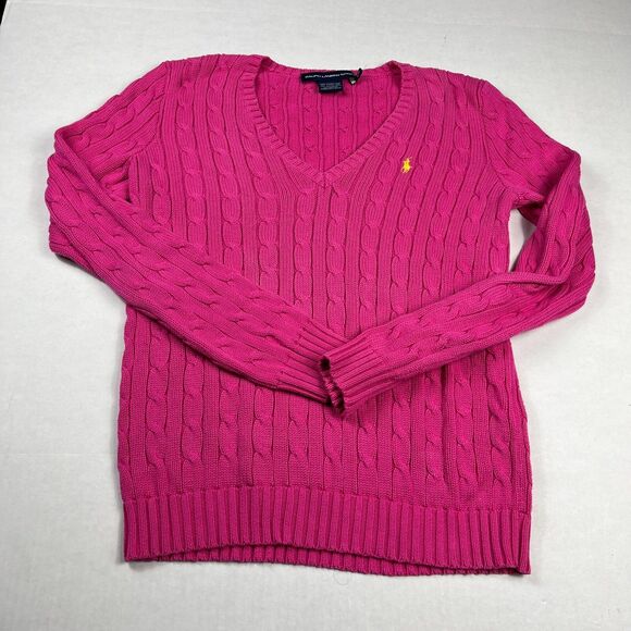 Ralph Lauren Sport Sweater Pink Cable Knit V-Neck Preppy Classic Slim Fit M - Picture 1 of 10